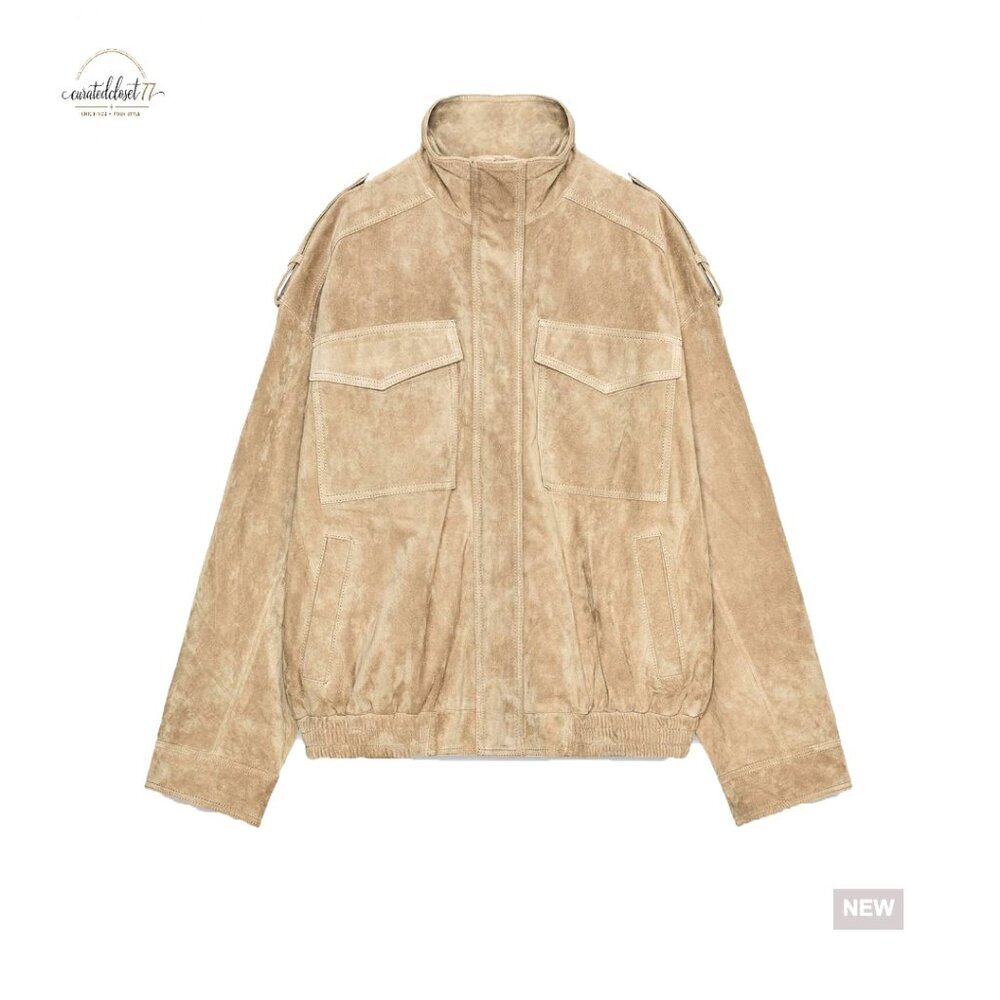 Suede Leather Jacket Oversized High Collar Long Sleeves Zipper Pockets Chic
